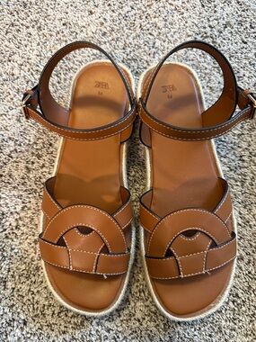 ZARA Brown Leather Platform Espadrille Sandals - kids